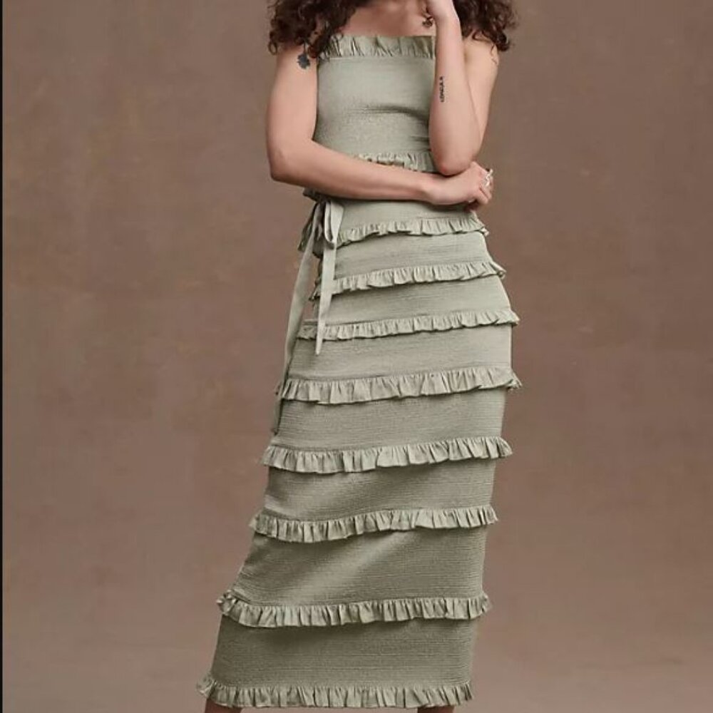 V. Chapman Olive Green Ruffle Midi Dress